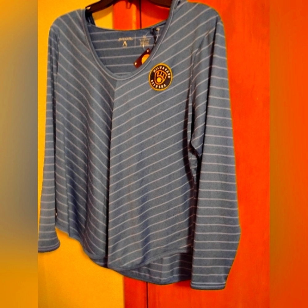 Blue Striped Long Sleeve Top  BRewers Logo